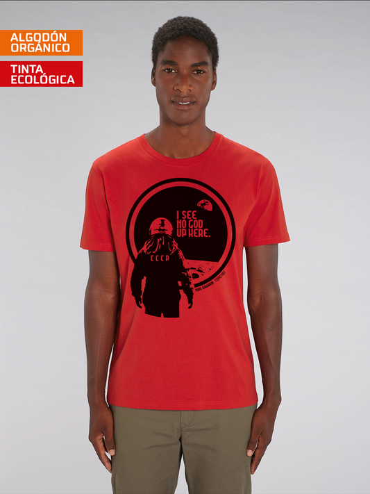 Camiseta I see no God up here Yuri Gagarin Jrushchov algodón orgánico serigrafía sostenible